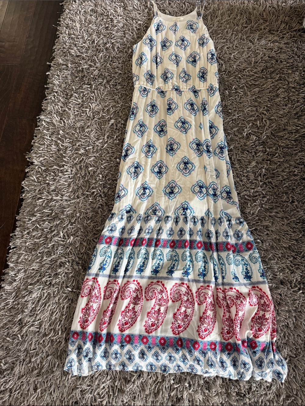 Maurices Cream Maxi Skirt Dress with Blue and Red Paisley Border